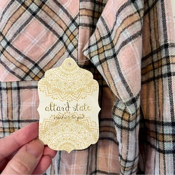 NWT Altar'd State Pink and Tan Plaid Cropped Flannel XS Graphic Detail on Back - Picture 5 of 11